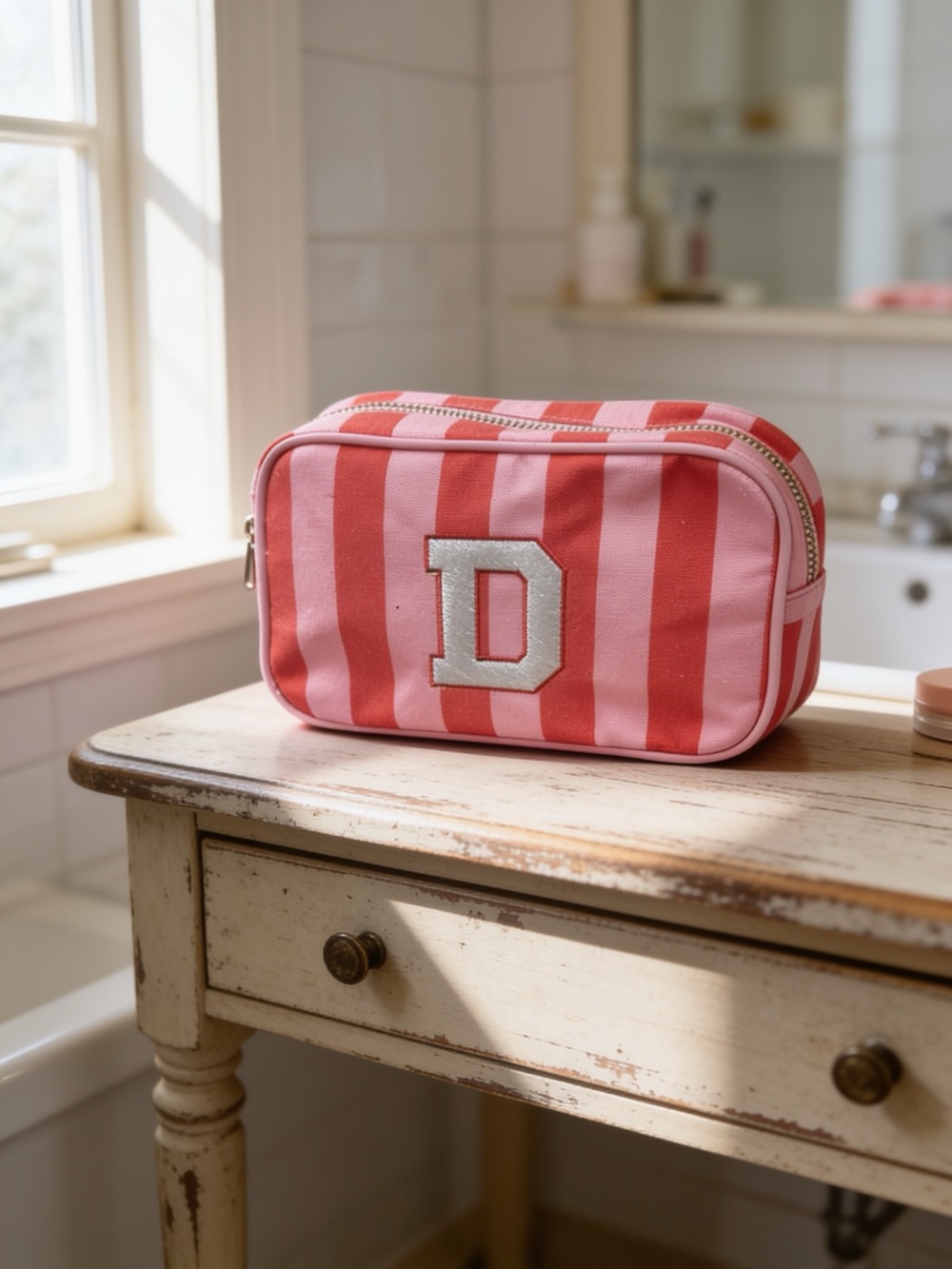 Victoria's Secret Pink and Coral Red Striped Cosmetic Bag with Silver 'D' Patch